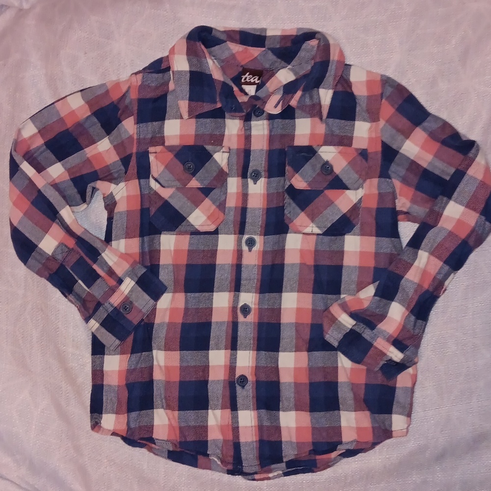 Tea Pink and Blue Plaid Button Down Long Sleeve Tee